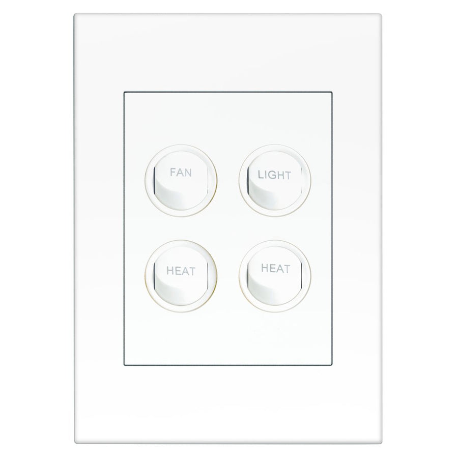 HPM VIVO 4 Gang Fan/Light/Heat/Heat Switch, White, 10A 240V, Engraved (EV770/4FLHHWE)