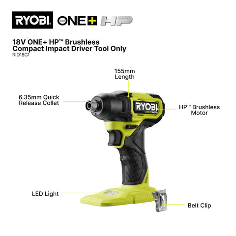 Ryobi 18V ONE+ HP Brushless Compact Impact Driver RID18C1, Tool Only
