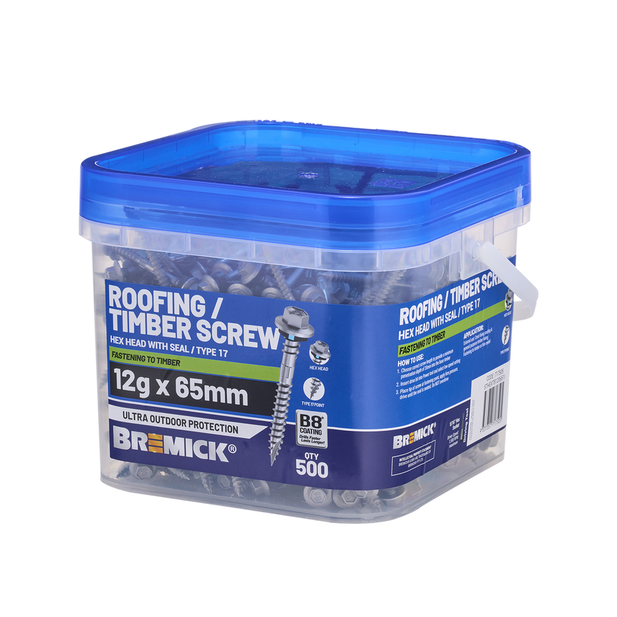 Bremick Hex Roofing Screw 12g x 65mm - Box of 500 - Watertight Seal - Corrosion Resistant - SuperSaverAU - view 1