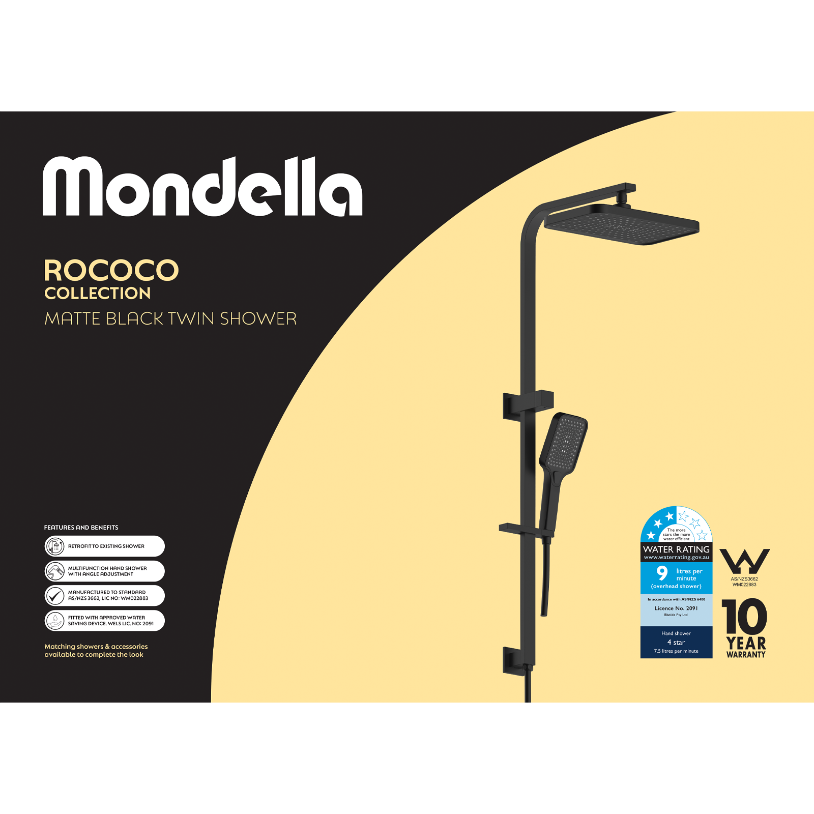 Mondella Matte Black Rococo Multifunction Twin Shower 9L/min WELS 3 Star 4 Spray
