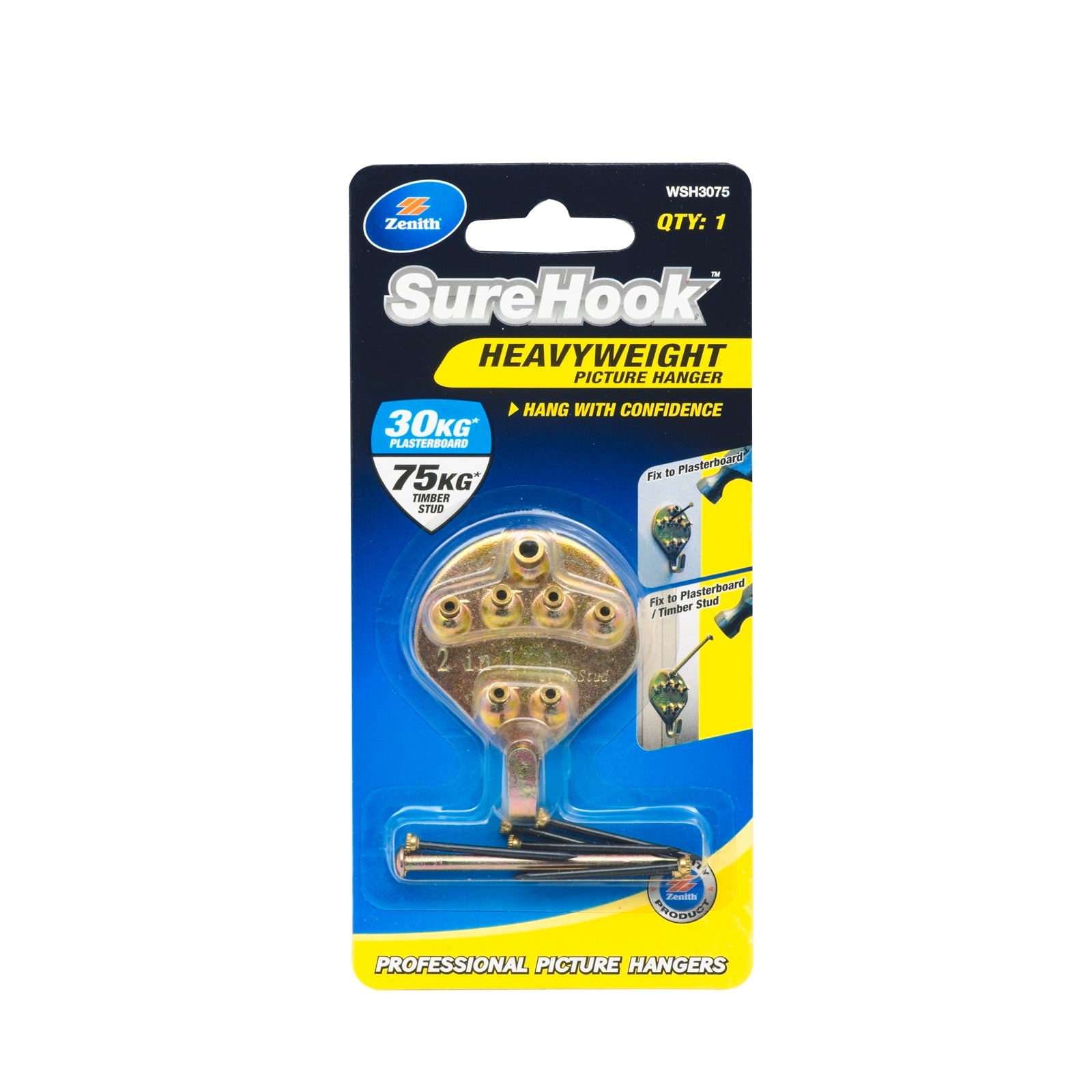 Zenith SureHook 30/75kg Zinc Plated Heavy Weight Picture Hanger - Plasterboard & Timber Stud