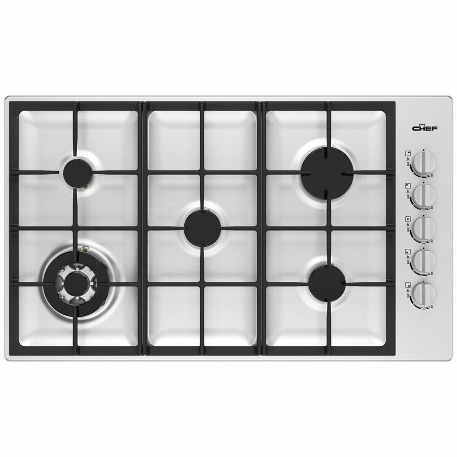 Chef 90cm Natural Gas Cooktop - Stainless Steel, Five Burners, Wok Burner, Cast Iron Trivets - CHG954SC