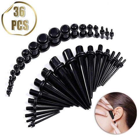 Ear Stretching Kit with Tapers and Plugs - Black Acrylic, 36 Piece Set