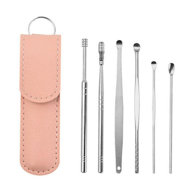 Ear Wax Removal Kit 6-Piece Stainless Steel with Pouch - Pink