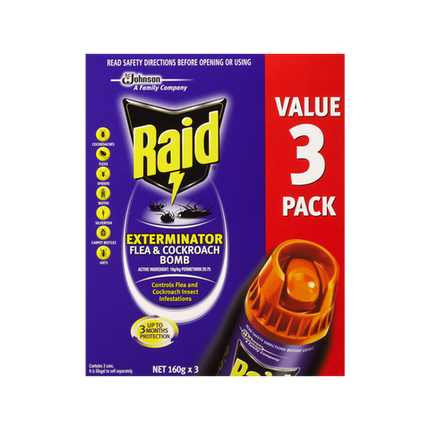 Raid Exterminator Flea and Cockroach Bomb 160g - 3 Pack - Indoor Use - Kills Pests - SuperSaverAU - view 1