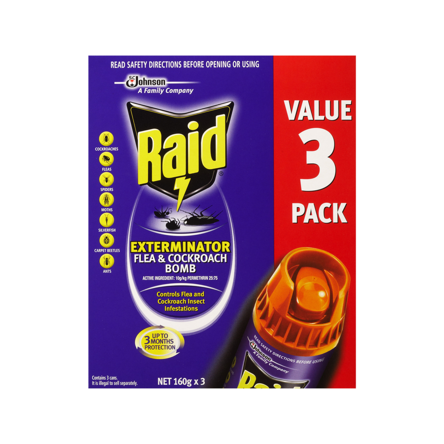 Raid Exterminator Flea and Cockroach Bomb 160g - 3 Pack - Indoor Use - Kills Pests - SuperSaverAU - view 1