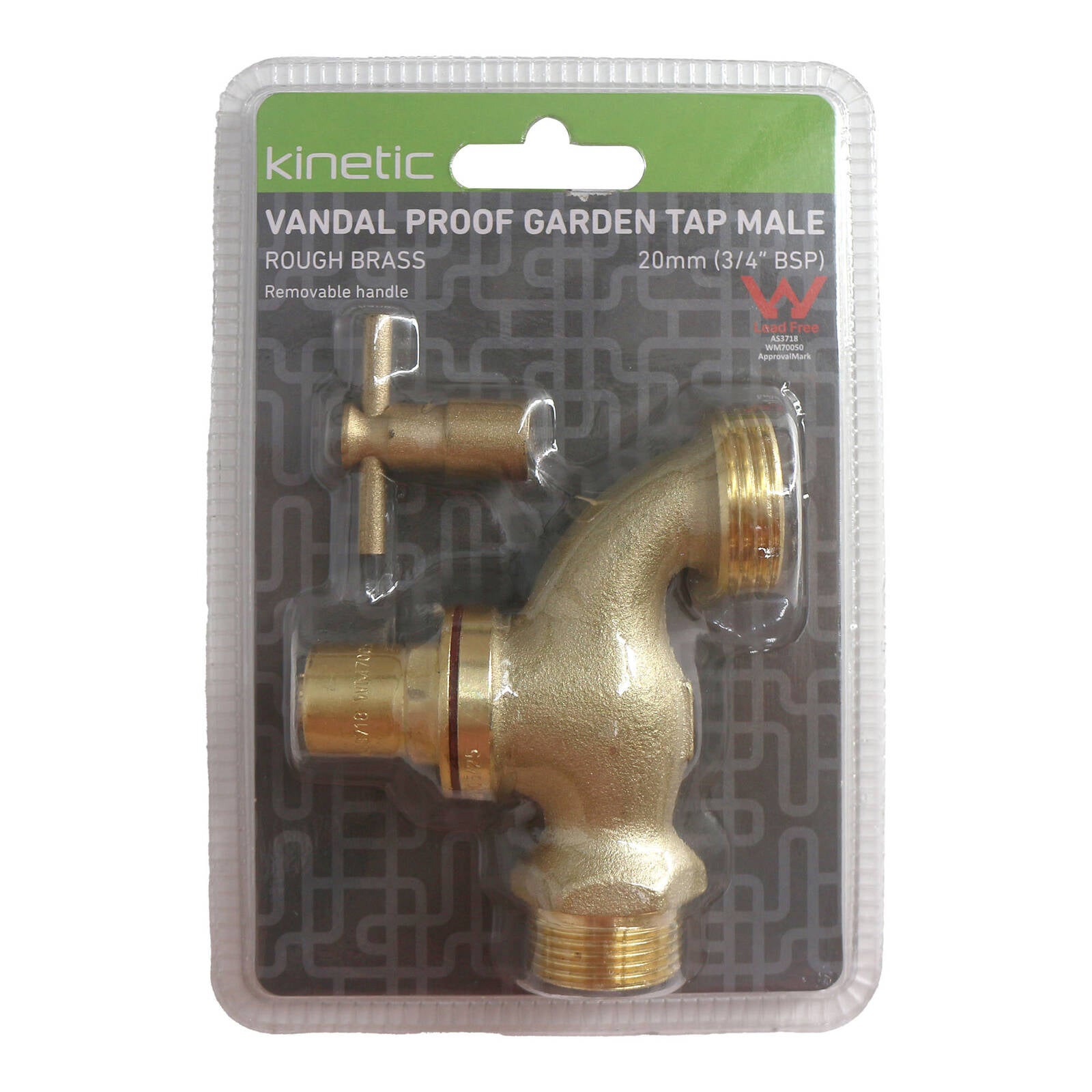 Kinetic 20mm Brass Male Vandal Proof Garden Tap, Lead Free, Removable Spindle