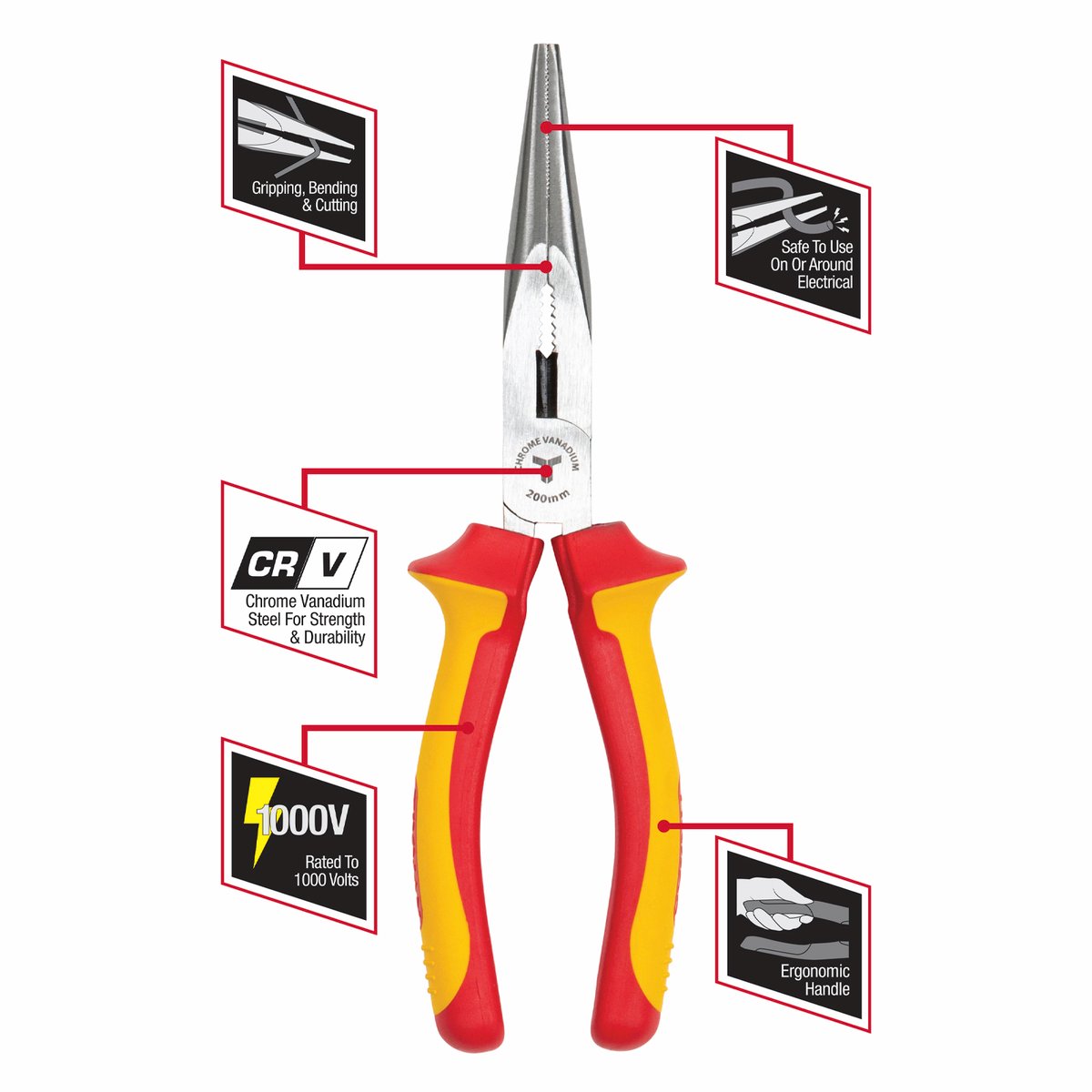 Trojan 200mm Vde Long Nose Plier - Red and Black - Ergonomic Handles - SuperSaverAU - view 3