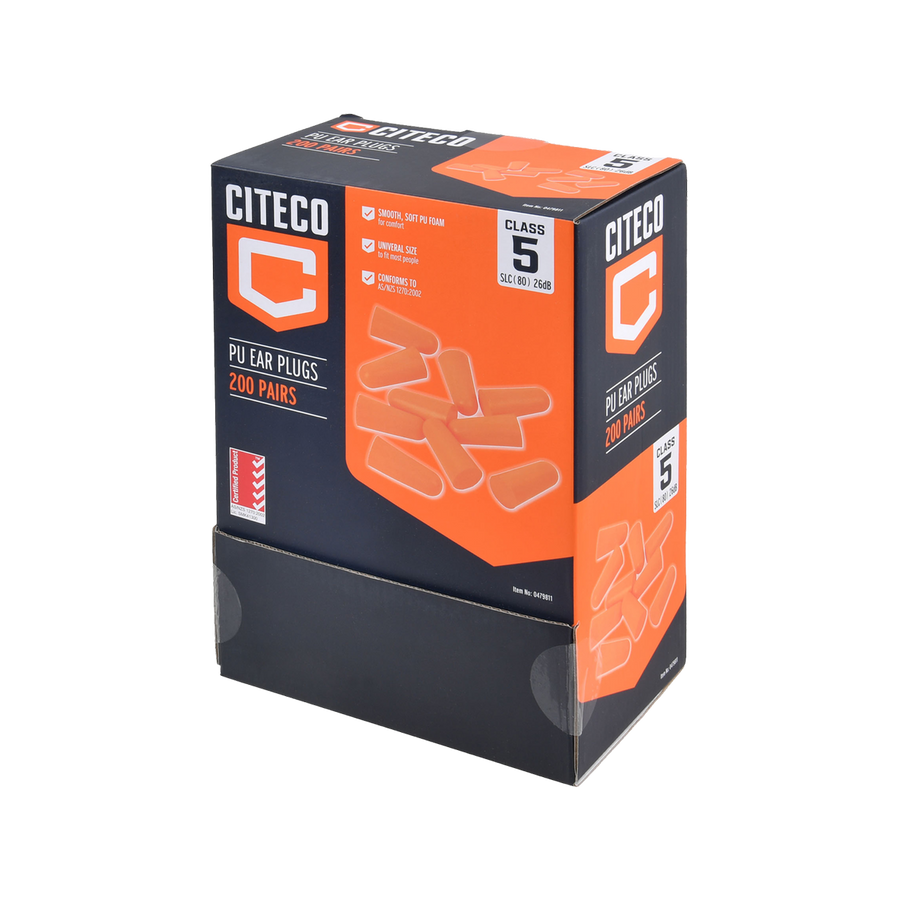 Citeco Class 5 Ear Plugs 200 Pairs - PU Foam - Disposable - Comfortable Fit - 18mm x 25mm x 10mm - SuperSaverAU - view 1