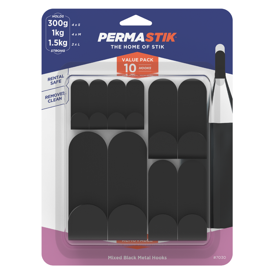 Permastik Black Mixed Metal Hooks 10 Pack - 160mm x 215mm - Adhesive, No Drilling - SuperSaverAU - view 1
