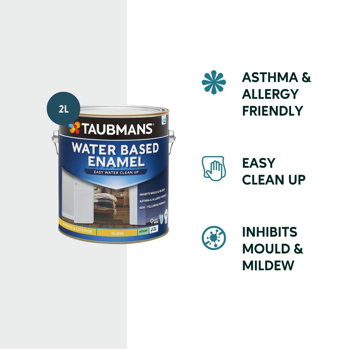 Taubmans Accent Gloss Water Based Enamel Paint - 2L - 140mm x 160mm - Low VOC, Mould Resistant - SuperSaverAU - view 2