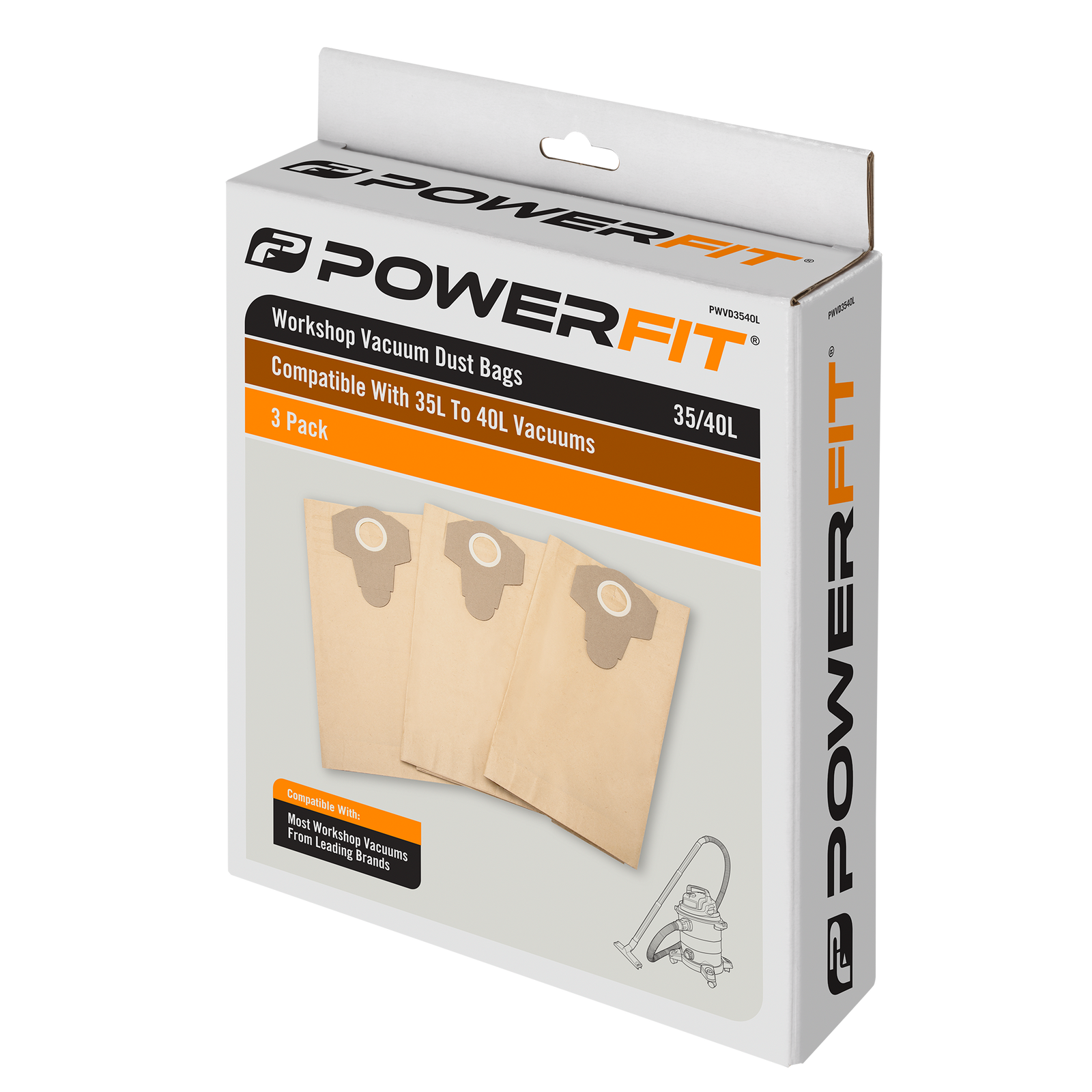 Powerfit Workshop Vacuum 35-40L Dust Bags, 3 Pack