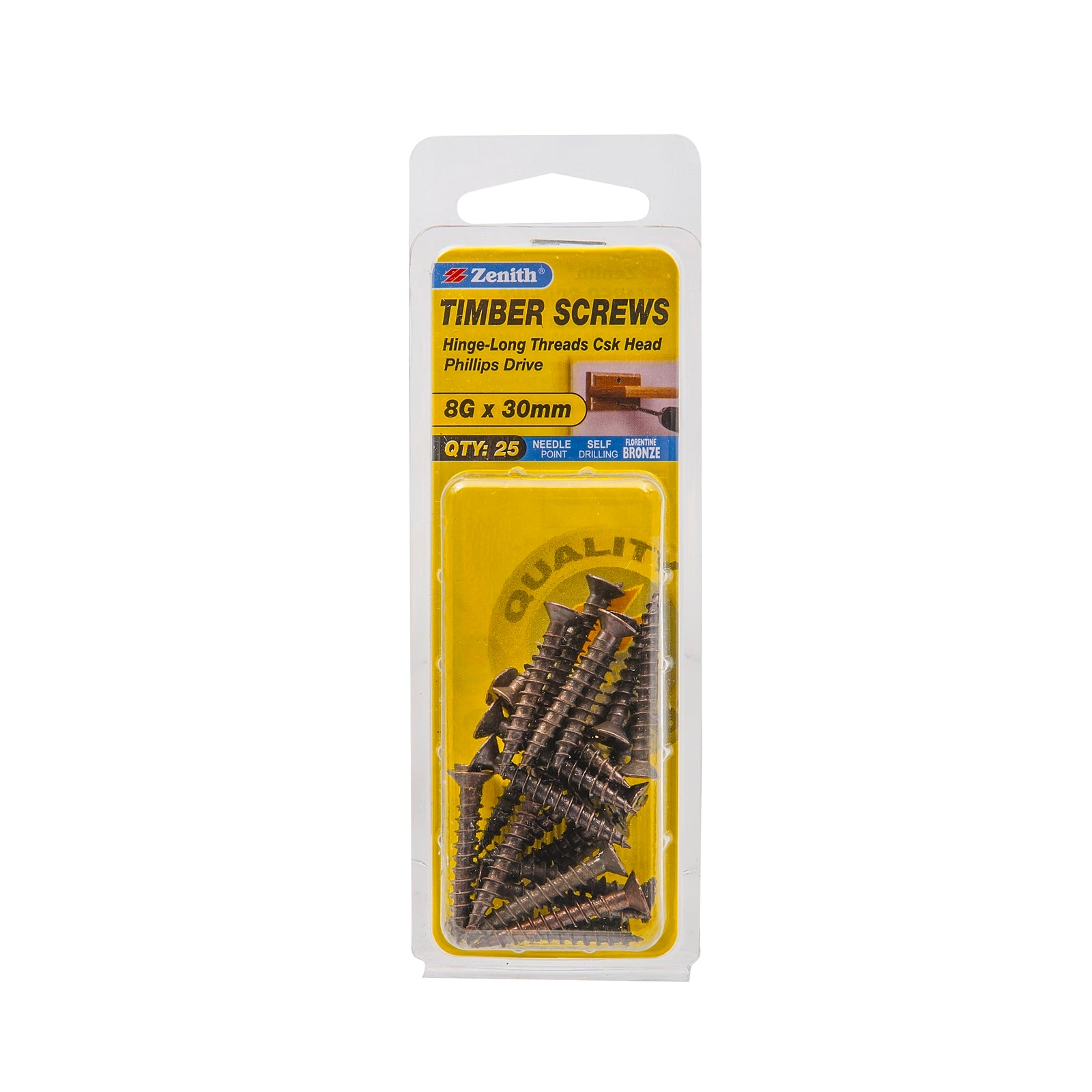 Zenith 8G x 30mm Florentine Bronze Countersunk Hinge Screws - Long Thread Timber Screws, 25 Pack