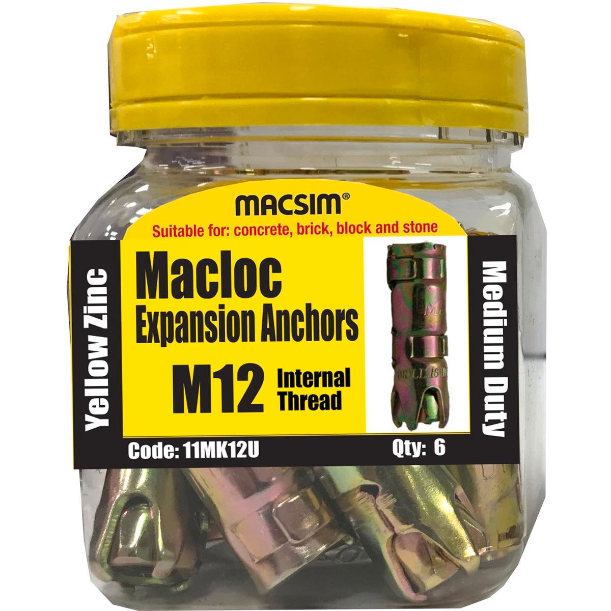 Macsim M12 Medium Duty Macloc Expansion Anchors 6 Pack - Yellow Zinc - 65mm x 65mm x 80mm - SuperSaverAU - view 1