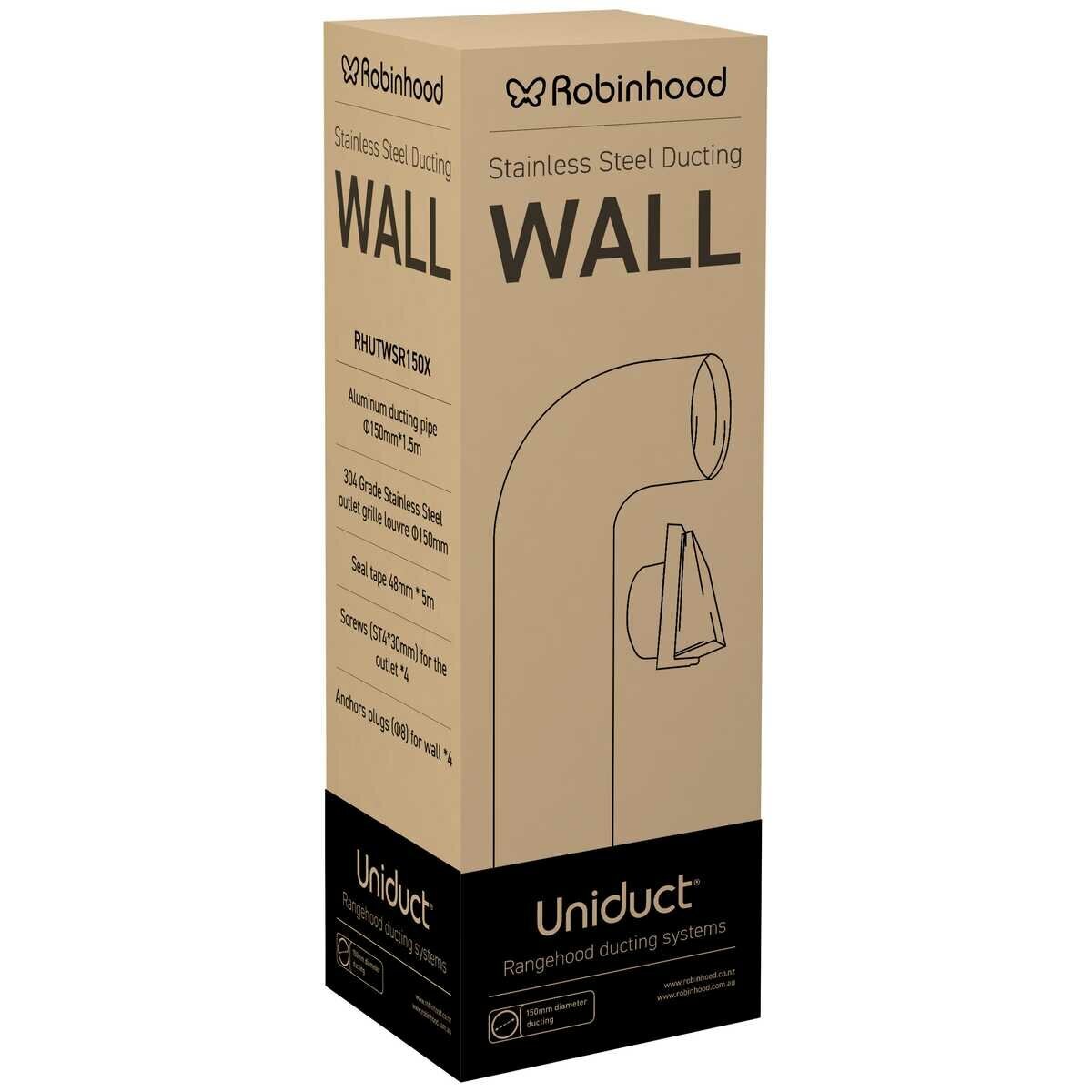 Robinhood Wall Ducting Kit - Aluminium Finish, Suits 150mm Rangehood Ducting - RHUTWSR150X