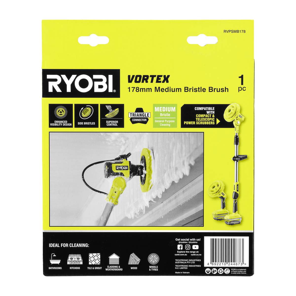 Ryobi Power Scrubber Brush - 178mm Medium Bristle - Effective Stain Removal - SuperSaverAU - view 3