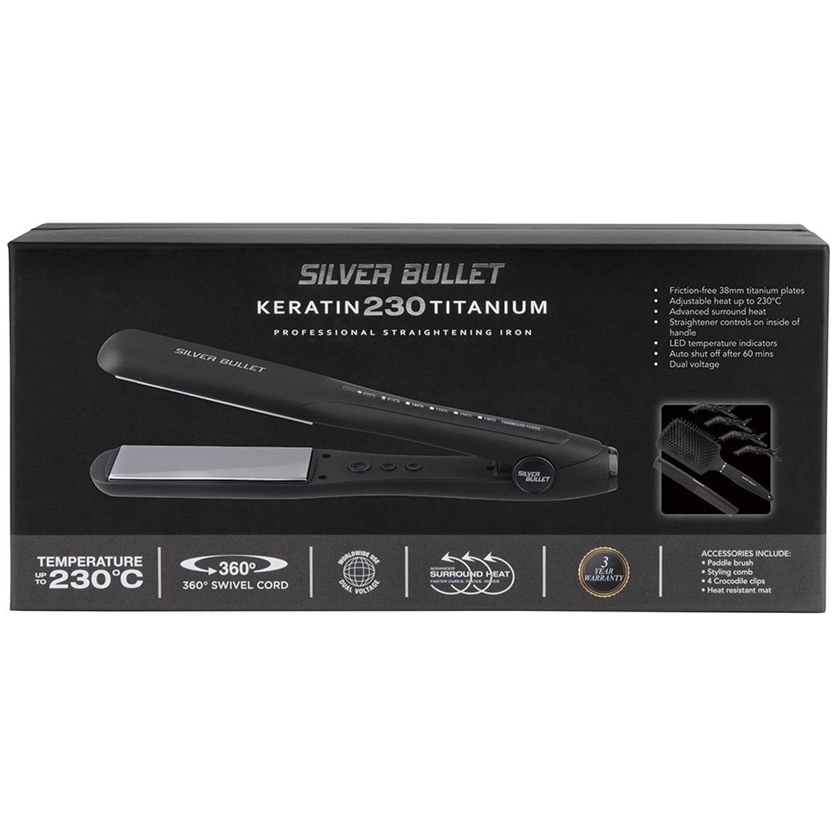 Silver Bullet Keratin 230 hair straightener - 38mm wide titanium plates, adjustable heat - 900461