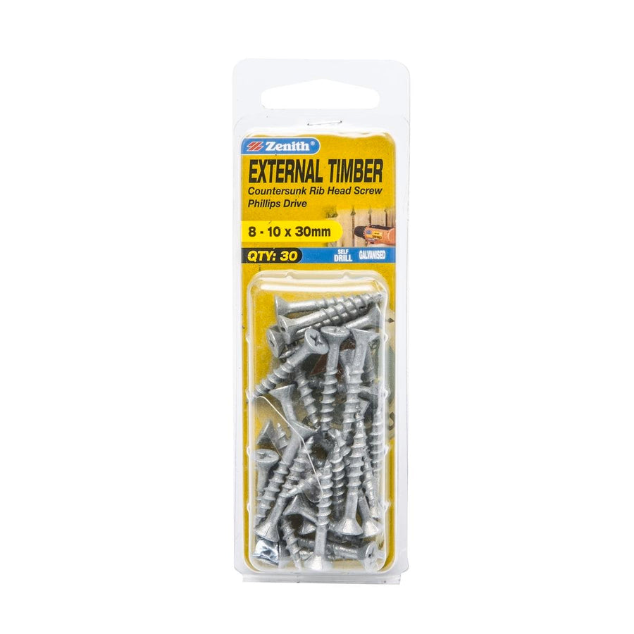 Zenith Timber Screws - 10mm x 30mm - Galvanised - 30 Pack - Countersunk Rib Head - SuperSaverAU - view 1