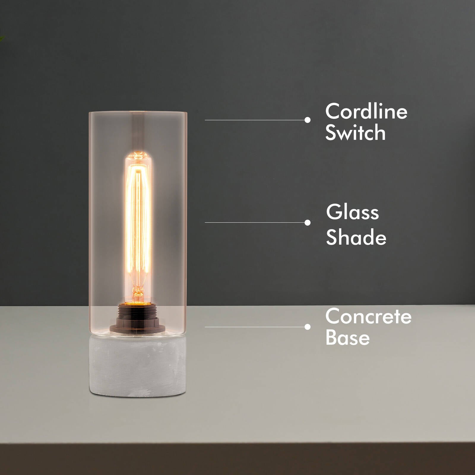 Verve Design Abel Table Lamp ATL738, Concrete Base with Glass Cylinder Shade, Inline Switch