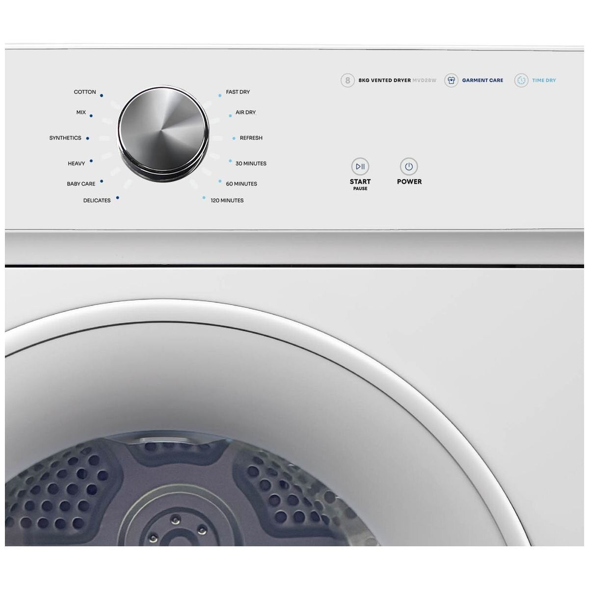 Mykin 8kg Vented Dryer - 12 Drying Programs, Reverse Tumble, Wall Mountable, White - MVD28W