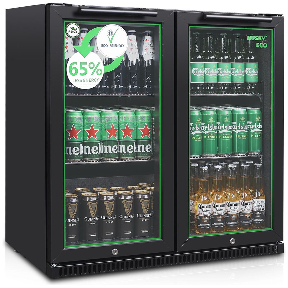 Husky 173L Eco Double Door Back Bar Drinks Chiller - Black, Electronic Controls, LED Lighting - C2HECO840BKAU
