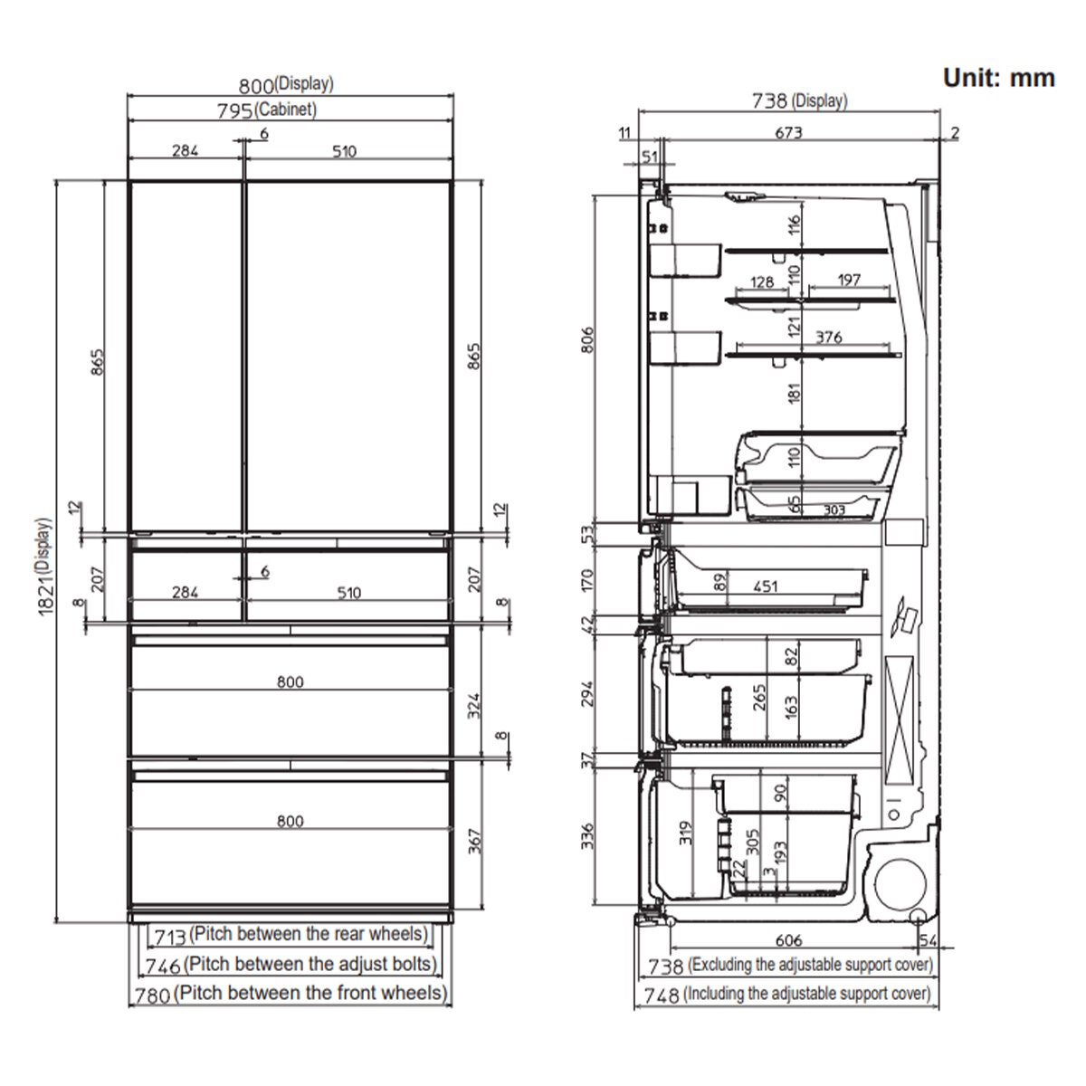 Mitsubishi Electric 700L Multi Drawer Fridge - Argent Silver Glass - Frost Free - MR-WX700C-S-A