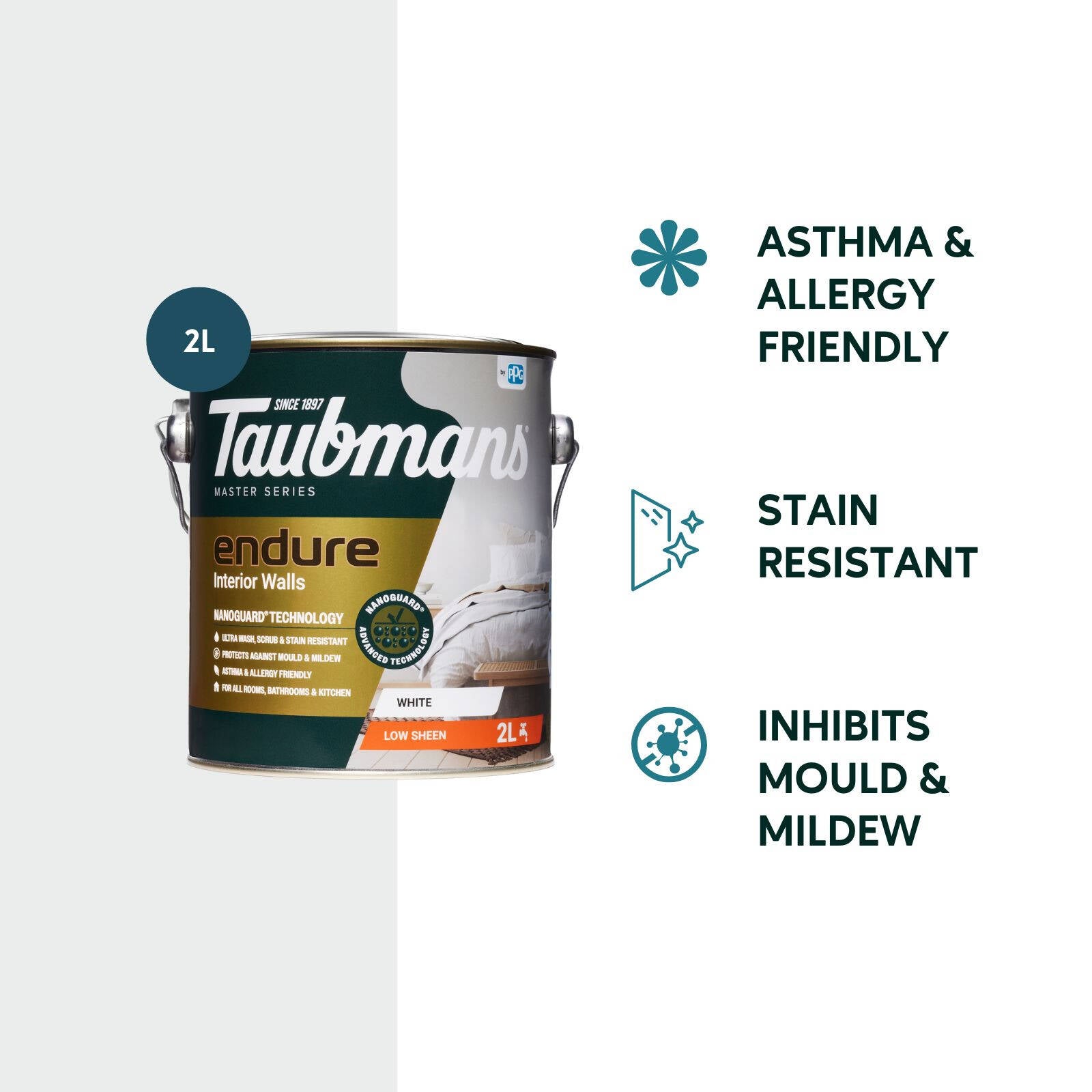 TAUBMANS Endure 2L White Low Sheen Interior Walls Paint Water Based UV Resistant