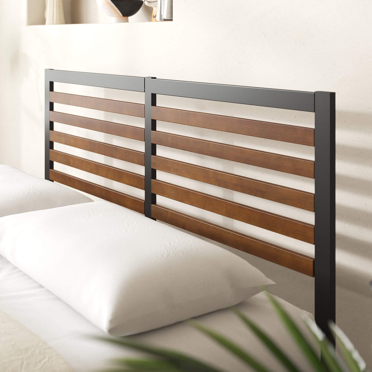 Zinus Kai King Metal and Bamboo Bed Frame - Black Steel, Bamboo Headboard, 250kg Capacity - AU-FBOBH2ZC-35K