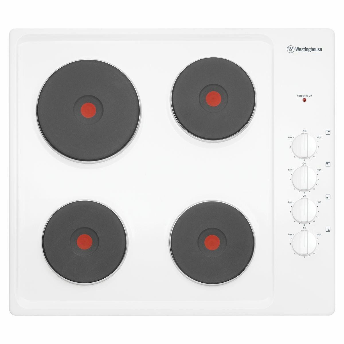Westinghouse 60cm electric cooktop - 4 solid hotplates, white enamel finish, 9 power levels - WHS642WC