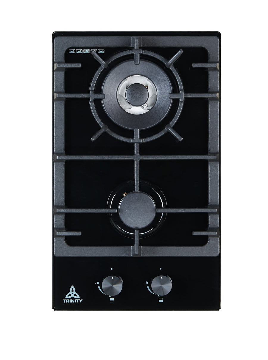 Trinity 30cm 2 Burner Gas Cooktop - Black Tempered Glass - Wok Burner - Front Controls - TRG302BK
