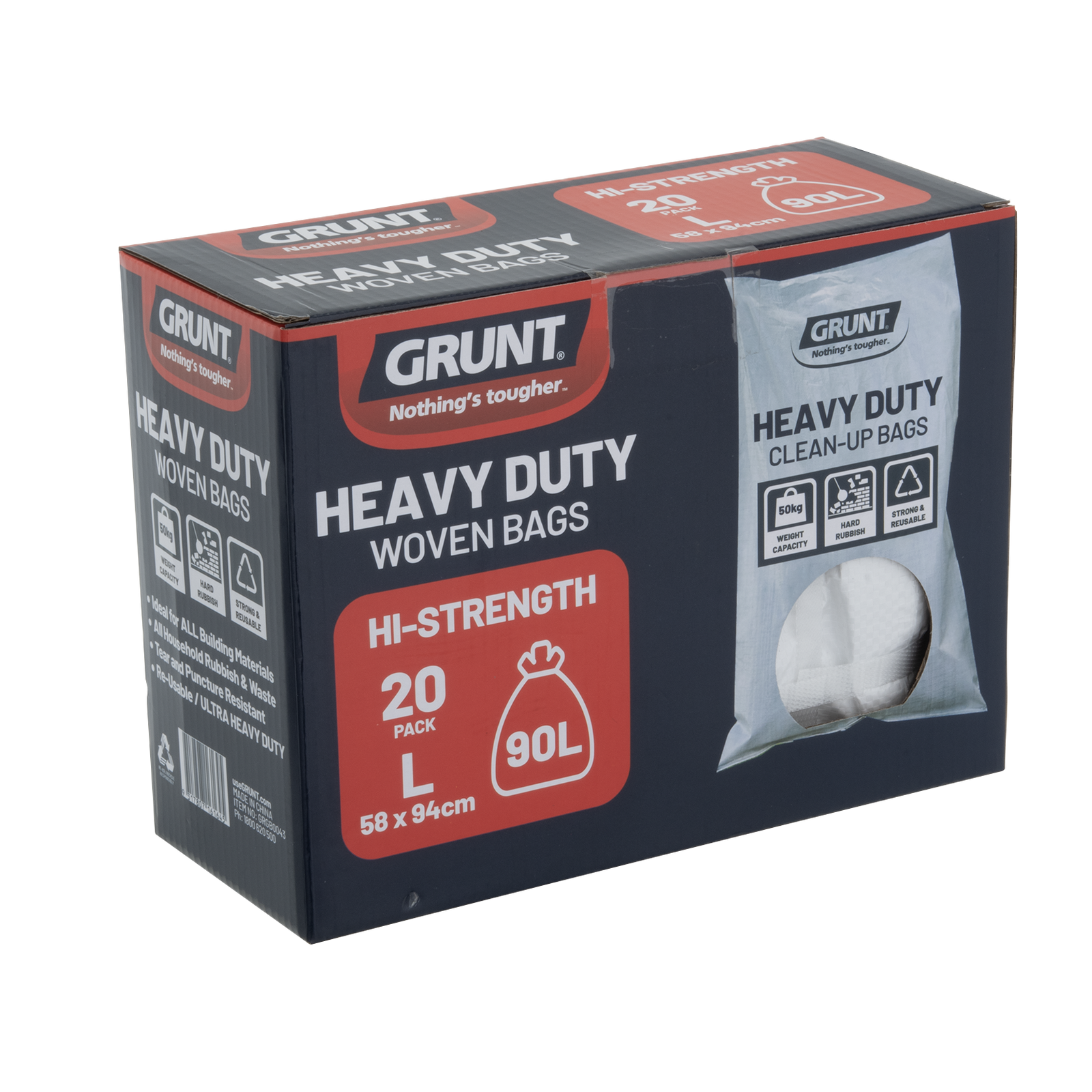 Grunt 90L Ultra Heavy Duty Clean Up Bags Tear Resistant 5 Pack