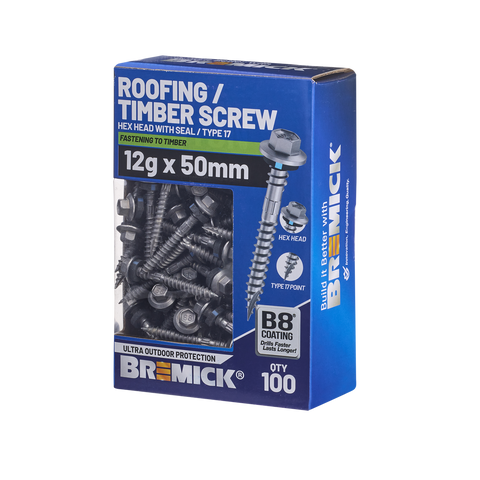 Bremick Hex Roofing Screw - 12g x 50mm - B8 Coating - 100 Pack - Corrosion Resistant - SuperSaverAU - view 1
