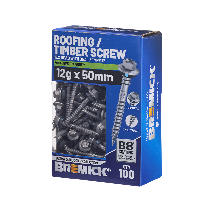 Bremick Hex Roofing Screw - 12g x 50mm - B8 Coating - 100 Pack - Corrosion Resistant - SuperSaverAU - view 1