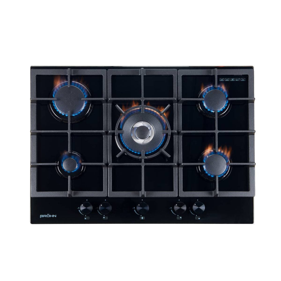 Brohn 70cm Natural Gas Cooktop - Black Tempered Glass, Five Burners, Triple Crown Wok Burner - BRG7000BLK