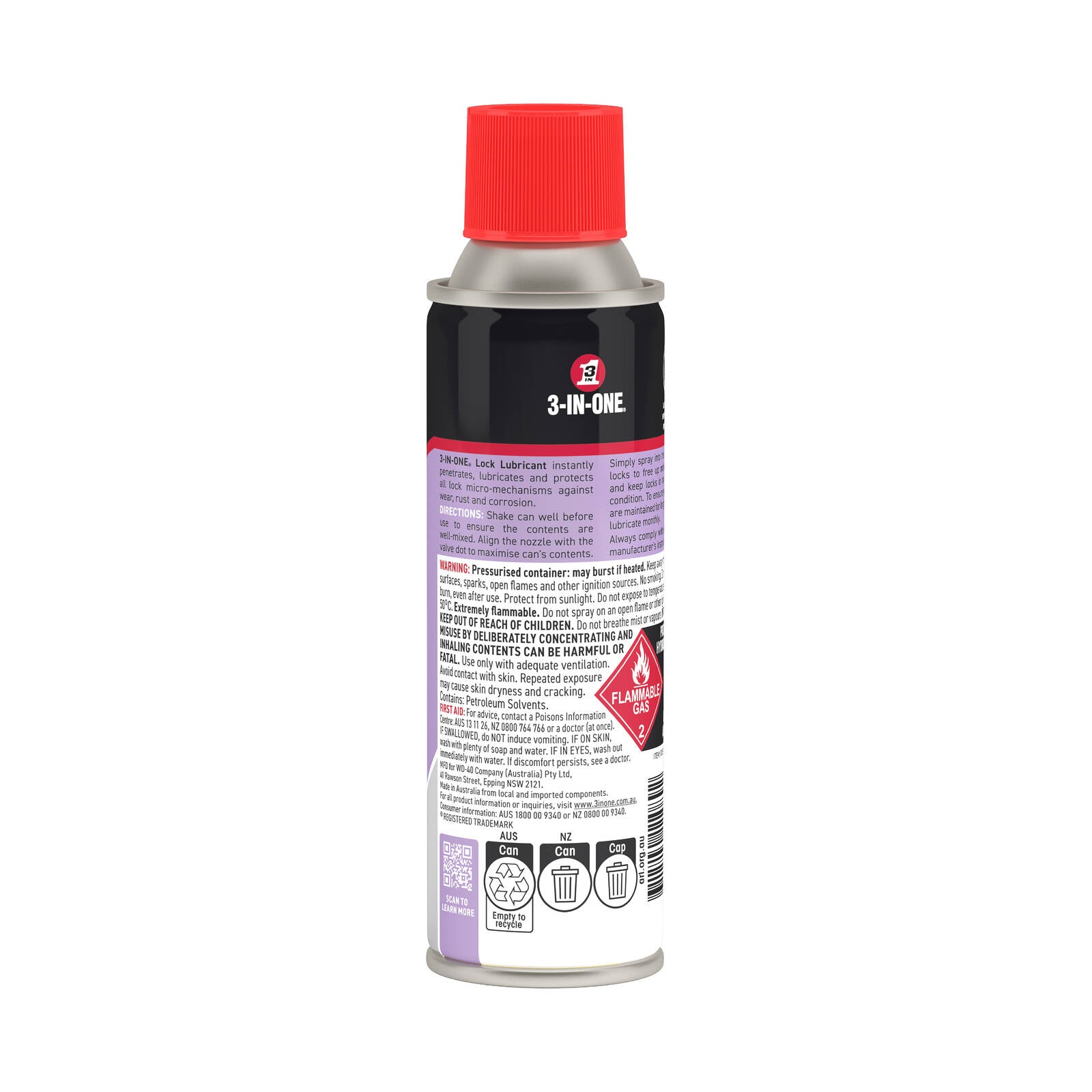 3-In-One 150g Lock Lubricant Aerosol, Cleans Lubricates Protects