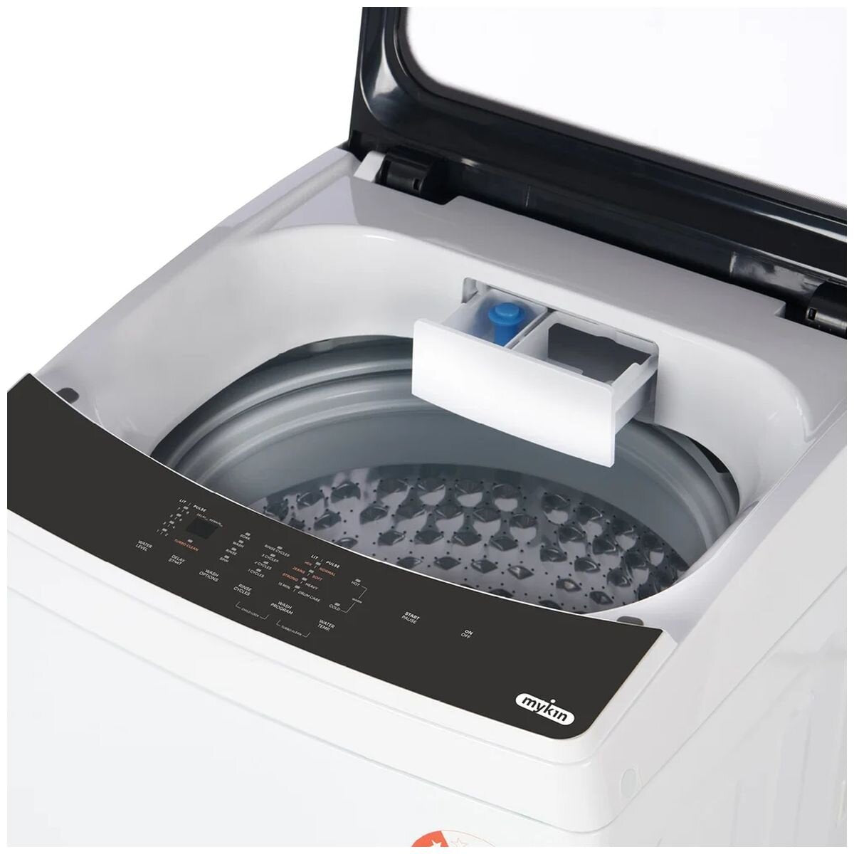 Mykin 9kg Top Load Washing Machine - White, Turbo Clean, Fuzzy Logic, Soft-Close Glass Lid - MTLW90B