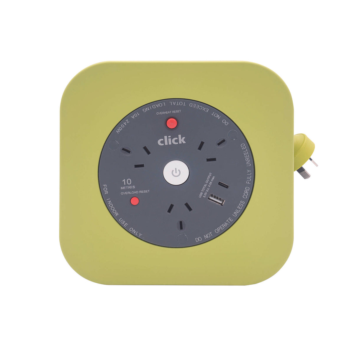 Click 10m 3 Outlet Square Cable Reel with USB Charger Green, Overload Protection