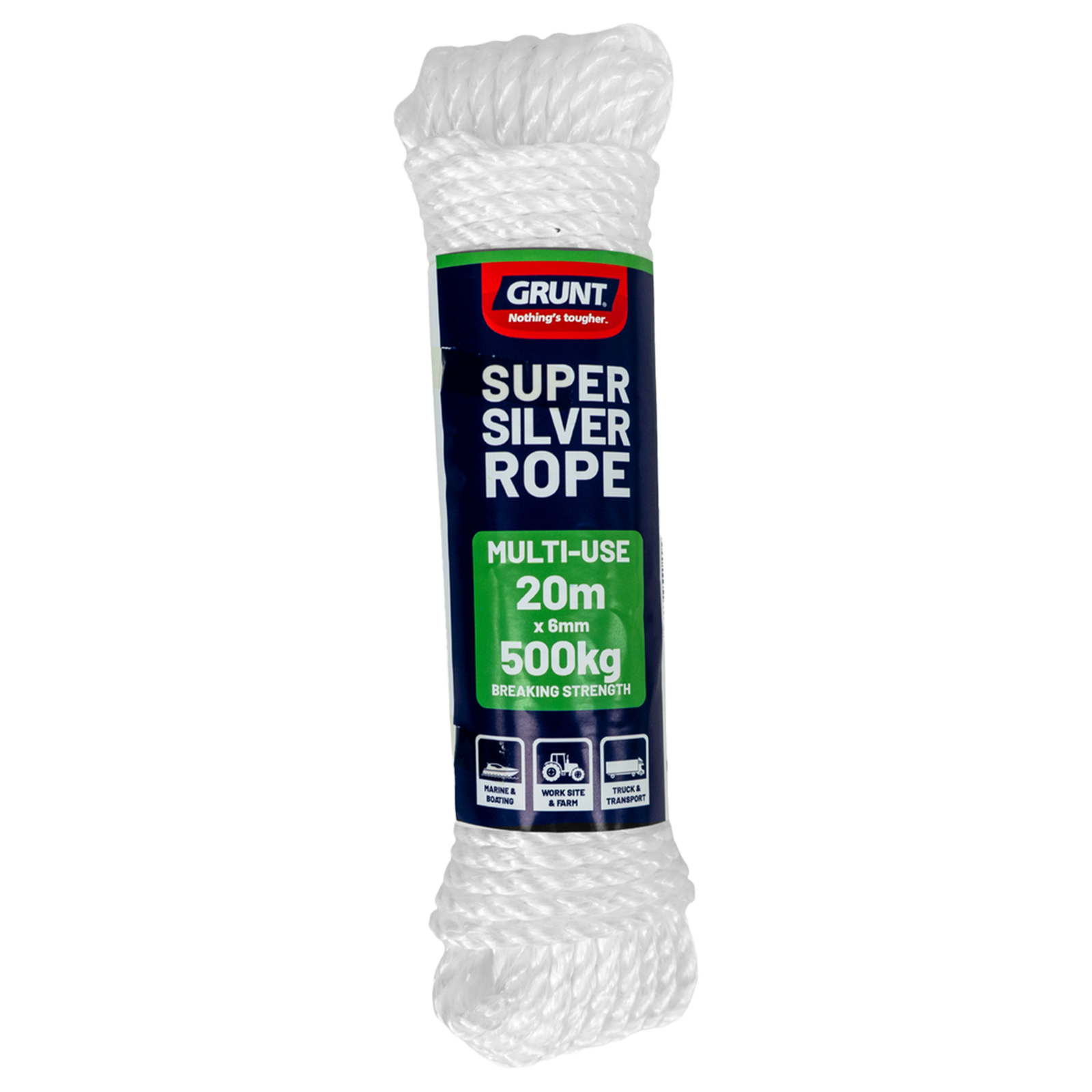 Grunt Super Silver 6mm x 20m Rope, White Twisted Polypropylene, Floats, 500kg Break Strength
