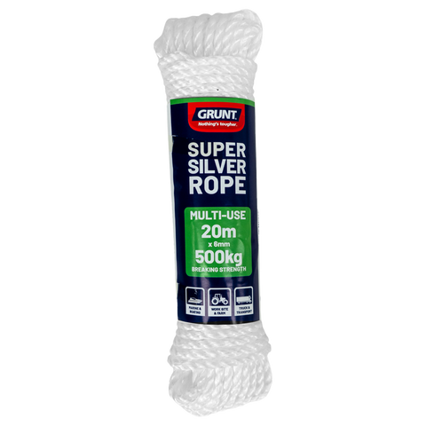 Grunt Super Silver 6mm x 20m Rope, White Twisted Polypropylene, Floats, 500kg Break Strength