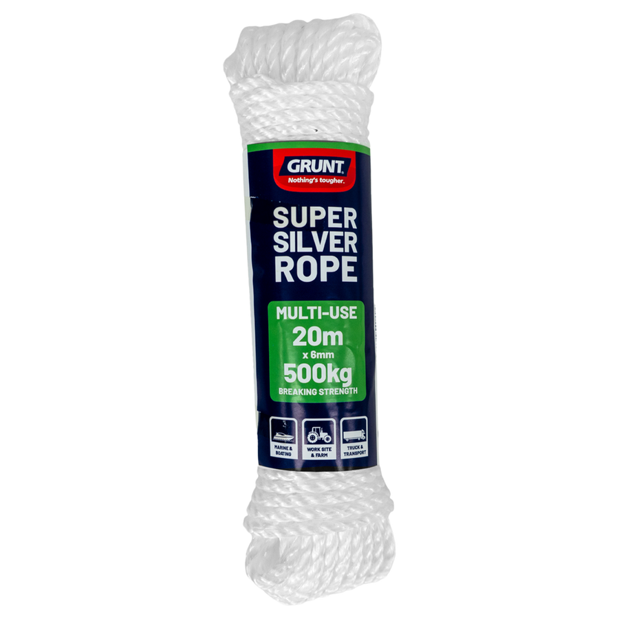 Grunt Super Silver 6mm x 20m Rope, White Twisted Polypropylene, Floats, 500kg Break Strength
