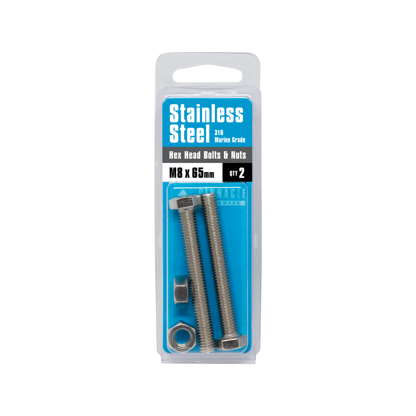 Pinnacle M8 x 65mm Stainless Steel Hex Bolt and Nut - 2 Pack