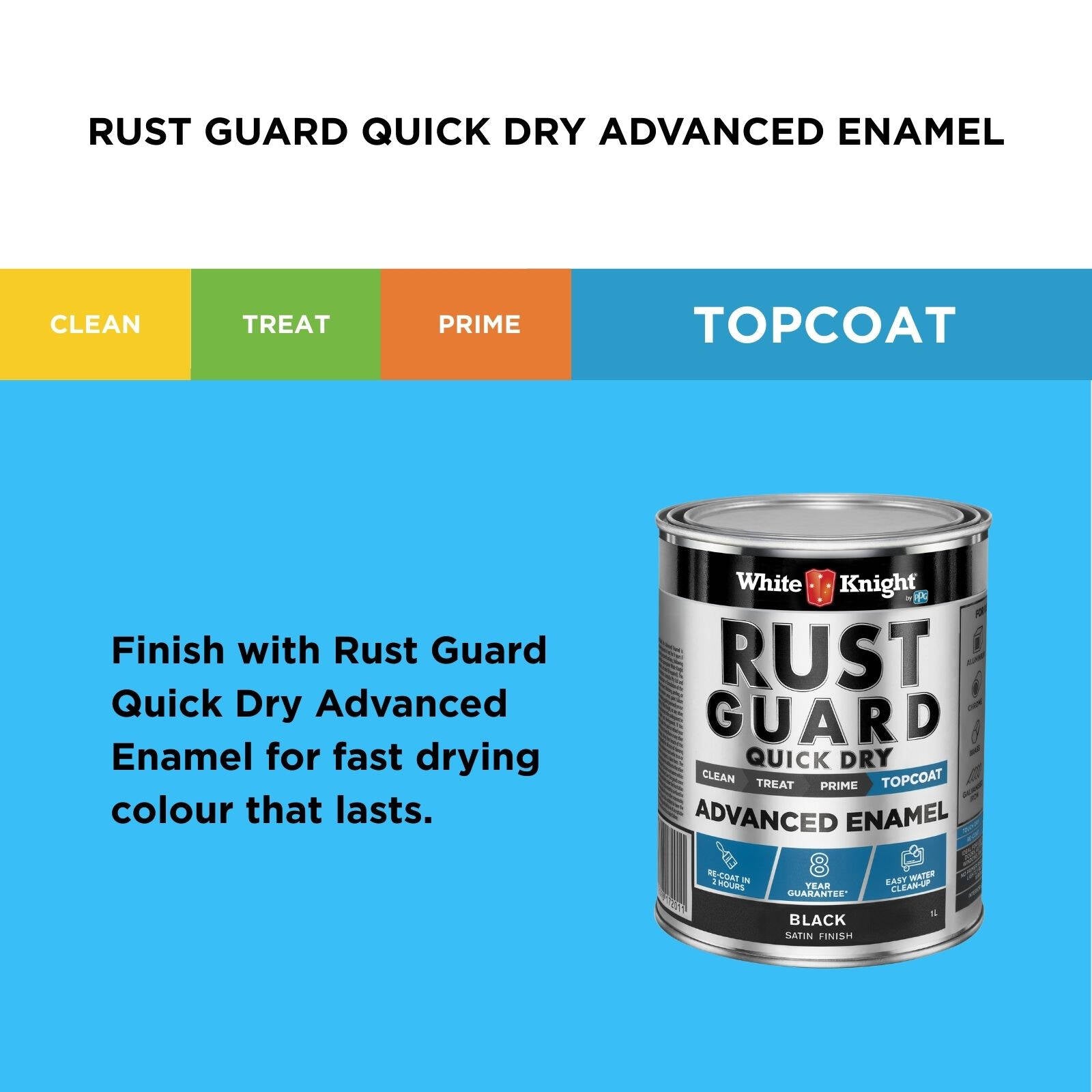 White Knight Rust Guard 1L Black Satin Quick Dry Advanced Enamel Paint, UV Resistant