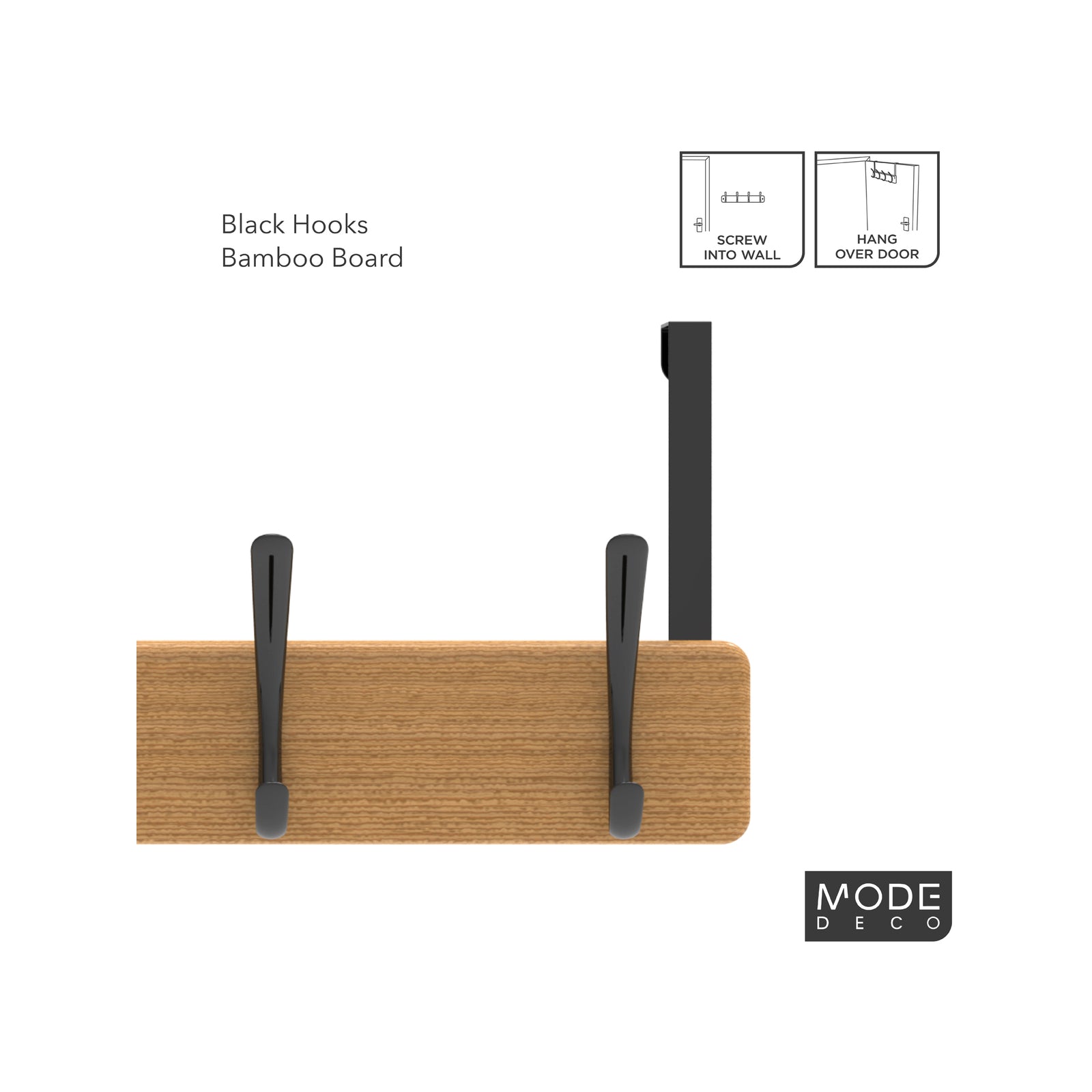 MODE 450 x 70 x 45mm Bamboo Board 4 Black Hooks Over Door Hanger