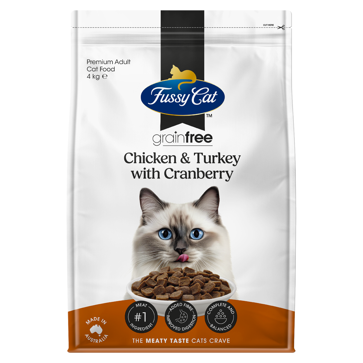 Fussy Cat Grain Free Dry Cat Food - Chicken Turkey with Cranberry 4kg - Complete Nutrition, Urinary Support - SuperSaverAU - view 1