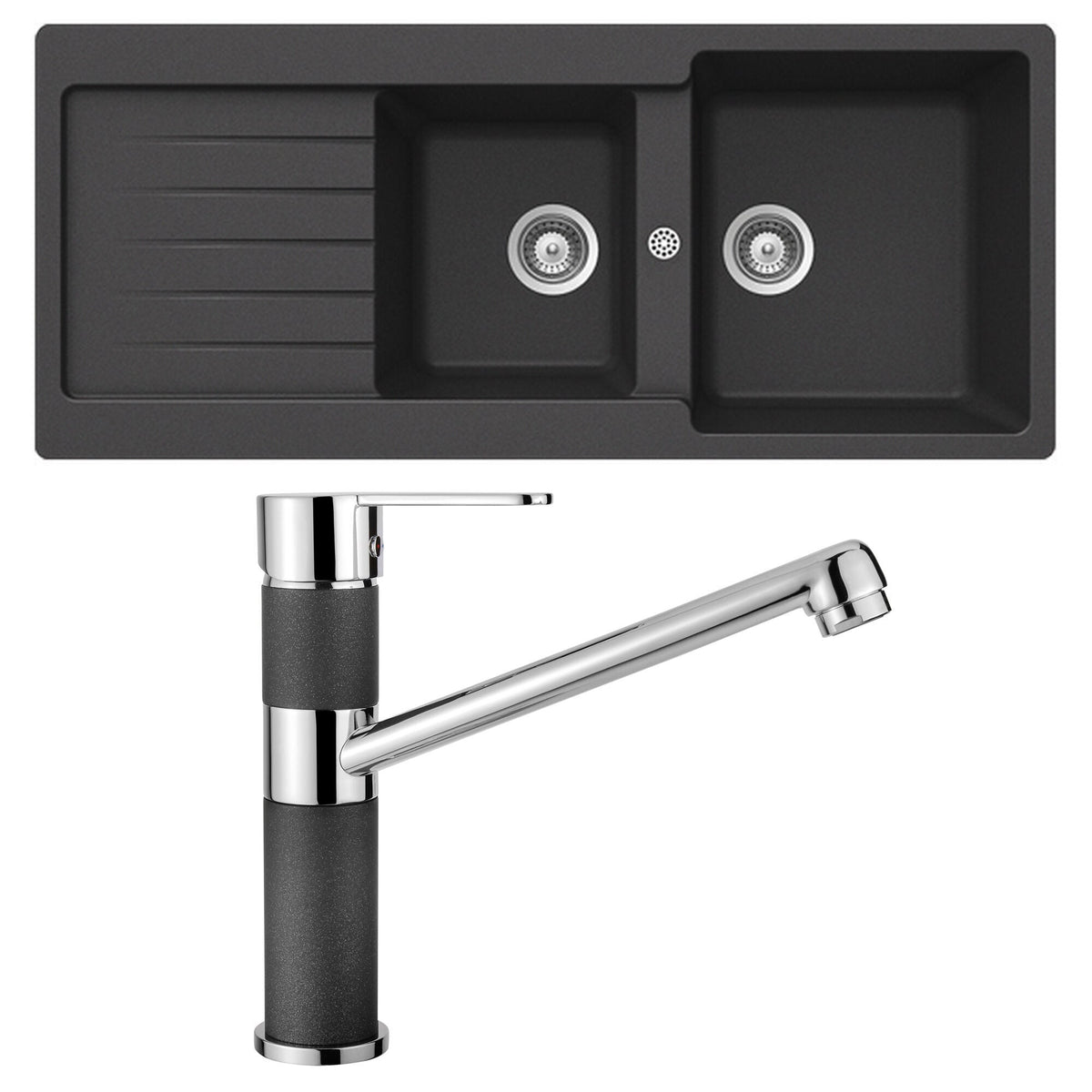 Abey 1 and 3/4 bowl topmount sink pack with left hand drainer and 4 star mixer - Onyx black - TD200TB