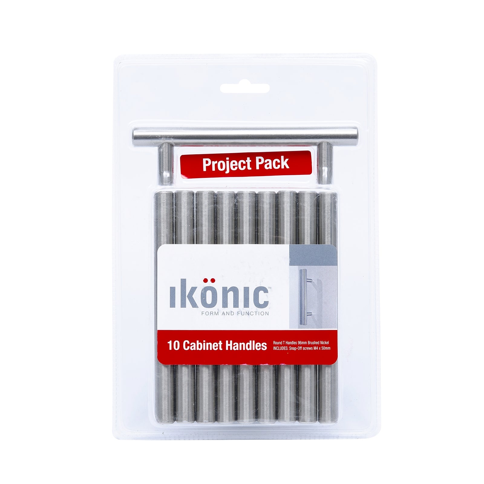 Ikonic 96mm Brushed Nickel Steel T Handle, 10 Pack for Cabinets & Drawers