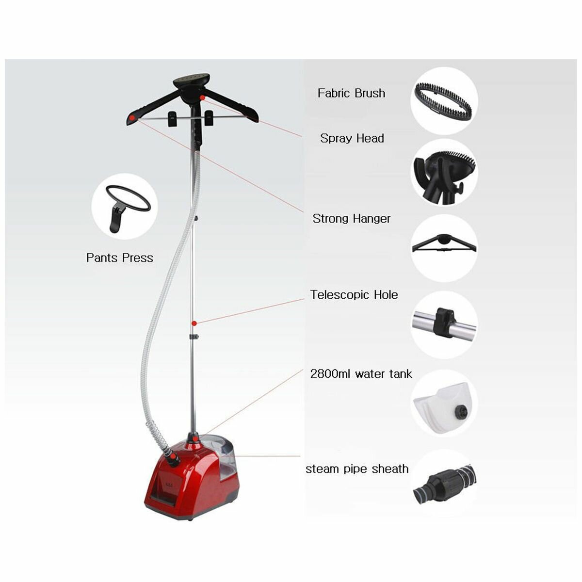 SOGA garment steamer - pedal switch with one power level, thermostat and thermal fuse, red - GARMENT80MINSRED