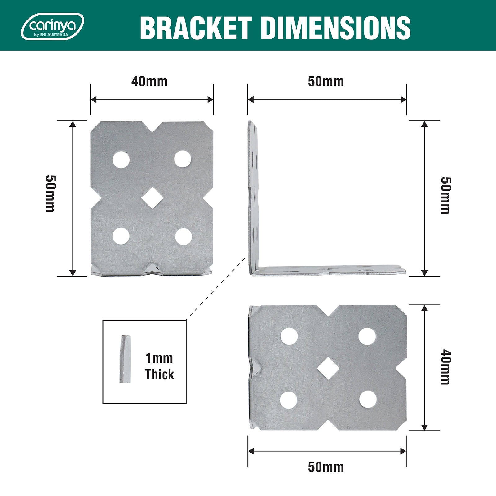 Carinya 50 x 50 x 40 x 1mm Galvanised Steel Angle Make-A-Bracket - 8 Pack
