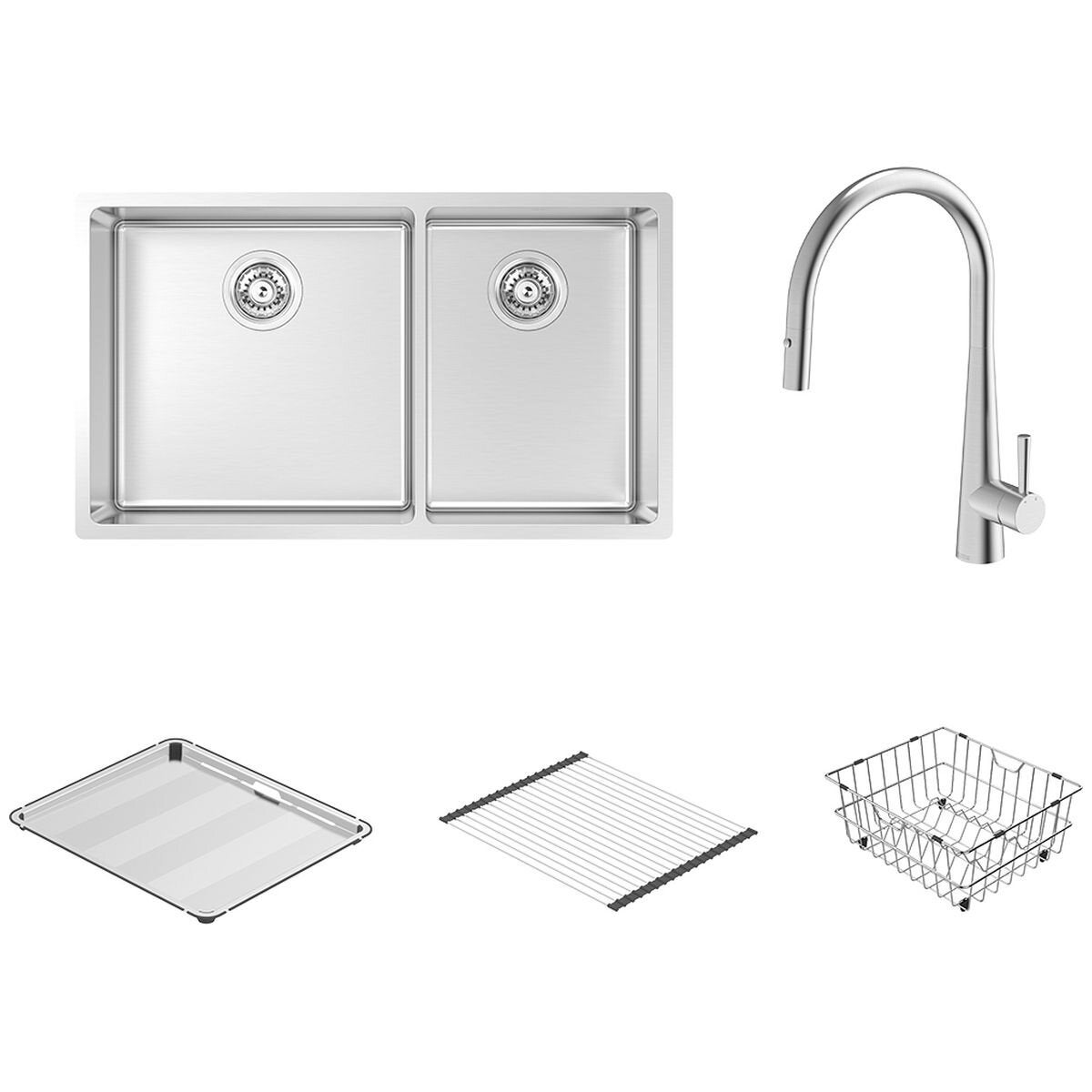 Abey 1 and 3/4 Bowl Undermount Sink Pack - Stainless Steel, 62L Total Capacity - MOA420DTPK