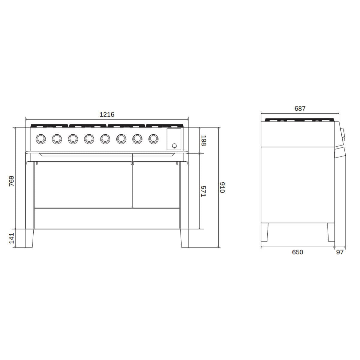 ILVE 120cm Panoramagic Dual Fuel Oven and Stove - Eight Burners, 140L, Stainless Steel - PM12FDS3SS